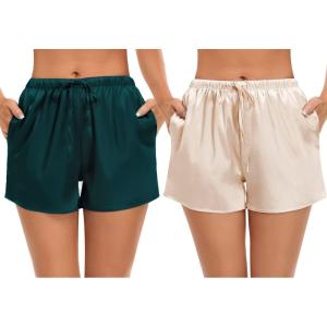 image:imageSWOMOG Womens Silk Stain Pajama Shorts Pj Bottoms with Pockets Drawstring Sleep Shorts Boxer Soft Lounge ShortsDeep GreenChampagne