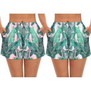 image:imageSWOMOG Womens Silk Stain Pajama Shorts Pj Bottoms with Pockets Drawstring Sleep Shorts Boxer Soft Lounge ShortsPink LeavesWhite Leaves