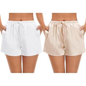 image:imageSWOMOG Womens Silk Stain Pajama Shorts Pj Bottoms with Pockets Drawstring Sleep Shorts Boxer Soft Lounge ShortsWhiteChampagne