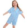 image:imageSWOMOG Kids Silky Satin Pajamas Set Girls Boys ButtonDown Sleepwear Short Sleeve 2 Piece PJs Sets Lounge SetsBlue Flamingo