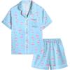 image:imageSWOMOG Kids Silky Satin Pajamas Set Girls Boys ButtonDown Sleepwear Short Sleeve 2 Piece PJs Sets Lounge SetsBlue Flamingo