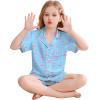 image:imageSWOMOG Kids Silky Satin Pajamas Set Girls Boys ButtonDown Sleepwear Short Sleeve 2 Piece PJs Sets Lounge SetsBlue Flamingo