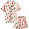 image:imageSWOMOG Kids Silky Satin Pajamas Set Girls Boys ButtonDown Sleepwear Short Sleeve 2 Piece PJs Sets Lounge SetsCactus Pink