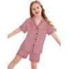 image:imageSWOMOG Kids Silky Satin Pajamas Set Girls Boys ButtonDown Sleepwear Short Sleeve 2 Piece PJs Sets Lounge SetsMisty Rose