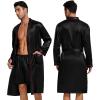 image:imageSWOMOG Mens 3 PCS Satin Robe with Pants amp Shorts Set Kimono Bathrobe Long Sleeve Sleepwear Pjs Sets with PocketsBlack  Red Trimming