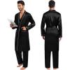 image:imageSWOMOG Mens 3 PCS Satin Robe with Pants amp Shorts Set Kimono Bathrobe Long Sleeve Sleepwear Pjs Sets with PocketsBlack1  White Trimming