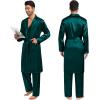 image:imageSWOMOG Mens 3 PCS Satin Robe with Pants amp Shorts Set Kimono Bathrobe Long Sleeve Sleepwear Pjs Sets with PocketsDeep Green