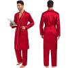 image:imageSWOMOG Mens 3 PCS Satin Robe with Pants amp Shorts Set Kimono Bathrobe Long Sleeve Sleepwear Pjs Sets with PocketsRed