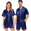 image:imageSWOMOG Satin Matching Pajamas Sets Couple Silk Button Down Nightwear Women amp Men Short Sleeve Sleepwear 2 Pieces LoungewearNavy Blue