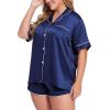image:imageSWOMOG Womens Plus Size Satin Pajama Set Short Sleeve 2 piece Pj Sets Sleepwear Silk Button Down Loungewear Pjs Shorts SetNavy Blue
