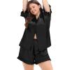 image:imageSWOMOG Womens Satin Plus Size Pajamas Silk Short Sleeve Pjs Sets Ruffle Shorts 2 Piece Loose Outfit Sleepwear with PocketBlack