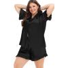 image:imageSWOMOG Womens Satin Plus Size Pajamas Silk Short Sleeve Pjs Sets Ruffle Shorts 2 Piece Loose Outfit Sleepwear with PocketBlack