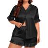 image:imageSWOMOG Womens Satin Plus Size Pajamas Silk Short Sleeve Pjs Sets Ruffle Shorts 2 Piece Loose Outfit Sleepwear with PocketBlack