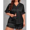 image:imageSWOMOG Womens Satin Plus Size Pajamas Silk Short Sleeve Pjs Sets Ruffle Shorts 2 Piece Loose Outfit Sleepwear with PocketBlack