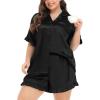 image:imageSWOMOG Womens Satin Plus Size Pajamas Silk Short Sleeve Pjs Sets Ruffle Shorts 2 Piece Loose Outfit Sleepwear with PocketBlack
