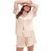 image:imageSWOMOG Womens Satin Plus Size Pajamas Silk Short Sleeve Pjs Sets Ruffle Shorts 2 Piece Loose Outfit Sleepwear with PocketChampagne