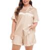 image:imageSWOMOG Womens Satin Plus Size Pajamas Silk Short Sleeve Pjs Sets Ruffle Shorts 2 Piece Loose Outfit Sleepwear with PocketChampagne