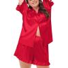 image:imageSWOMOG Womens Satin Plus Size Pajamas Silk Short Sleeve Pjs Sets Ruffle Shorts 2 Piece Loose Outfit Sleepwear with PocketDeepred