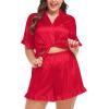 image:imageSWOMOG Womens Satin Plus Size Pajamas Silk Short Sleeve Pjs Sets Ruffle Shorts 2 Piece Loose Outfit Sleepwear with PocketDeepred