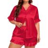 image:imageSWOMOG Womens Satin Plus Size Pajamas Silk Short Sleeve Pjs Sets Ruffle Shorts 2 Piece Loose Outfit Sleepwear with PocketDeepred