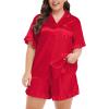 image:imageSWOMOG Womens Satin Plus Size Pajamas Silk Short Sleeve Pjs Sets Ruffle Shorts 2 Piece Loose Outfit Sleepwear with PocketDeepred