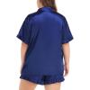 image:imageSWOMOG Womens Satin Plus Size Pajamas Silk Short Sleeve Pjs Sets Ruffle Shorts 2 Piece Loose Outfit Sleepwear with PocketNavy Blue