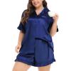 image:imageSWOMOG Womens Satin Plus Size Pajamas Silk Short Sleeve Pjs Sets Ruffle Shorts 2 Piece Loose Outfit Sleepwear with PocketNavy Blue