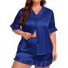 image:imageSWOMOG Womens Satin Plus Size Pajamas Silk Short Sleeve Pjs Sets Ruffle Shorts 2 Piece Loose Outfit Sleepwear with PocketNavy Blue