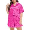 image:imageSWOMOG Womens Satin Plus Size Pajamas Silk Short Sleeve Pjs Sets Ruffle Shorts 2 Piece Loose Outfit Sleepwear with PocketPink Leopard
