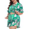 image:imageSWOMOG Womens Satin Plus Size Pajamas Silk Short Sleeve Pjs Sets Ruffle Shorts 2 Piece Loose Outfit Sleepwear with PocketPinkleaves
