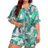 image:imageSWOMOG Womens Satin Plus Size Pajamas Silk Short Sleeve Pjs Sets Ruffle Shorts 2 Piece Loose Outfit Sleepwear with PocketPinkleaves