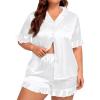 image:imageSWOMOG Womens Satin Plus Size Pajamas Silk Short Sleeve Pjs Sets Ruffle Shorts 2 Piece Loose Outfit Sleepwear with PocketWhite