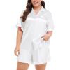 image:imageSWOMOG Womens Satin Plus Size Pajamas Silk Short Sleeve Pjs Sets Ruffle Shorts 2 Piece Loose Outfit Sleepwear with PocketWhite