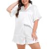 image:imageSWOMOG Womens Satin Plus Size Pajamas Silk Short Sleeve Pjs Sets Ruffle Shorts 2 Piece Loose Outfit Sleepwear with PocketWhite