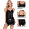 image:imageSWOMOG Womens Silk Satin Pajamas Sets 4pcs Loungewear Sexy Cami Shorts Set Button Down Long Sleeve Pjs SleepwearBlack