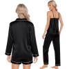 image:imageSWOMOG Womens Silk Satin Pajamas Sets 4pcs Loungewear Sexy Cami Shorts Set Button Down Long Sleeve Pjs SleepwearBlack