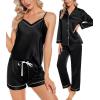 image:imageSWOMOG Womens Silk Satin Pajamas Sets 4pcs Loungewear Sexy Cami Shorts Set Button Down Long Sleeve Pjs SleepwearBlack