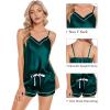 image:imageSWOMOG Womens Silk Satin Pajamas Sets 4pcs Loungewear Sexy Cami Shorts Set Button Down Long Sleeve Pjs SleepwearDark Green