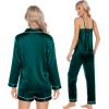 image:imageSWOMOG Womens Silk Satin Pajamas Sets 4pcs Loungewear Sexy Cami Shorts Set Button Down Long Sleeve Pjs SleepwearDark Green