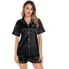 image:imageSWOMOG Womens Silk Satin Pajamas Sets 4pcs Loungewear Sexy Cami Shorts Set Button Down Long Sleeve Pjs SleepwearLong Sleeve Classicblack