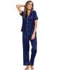 image:imageSWOMOG Womens Silk Satin Pajamas Sets 4pcs Loungewear Sexy Cami Shorts Set Button Down Long Sleeve Pjs SleepwearLong Sleeve Classicnavy Blue