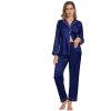 image:imageSWOMOG Womens Silk Satin Pajamas Sets 4pcs Loungewear Sexy Cami Shorts Set Button Down Long Sleeve Pjs SleepwearLong Sleeve Classicnavy Blue