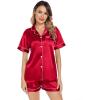 image:imageSWOMOG Womens Silk Satin Pajamas Sets 4pcs Loungewear Sexy Cami Shorts Set Button Down Long Sleeve Pjs SleepwearLong Sleeve Classicred 1