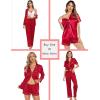 image:imageSWOMOG Womens Silk Satin Pajamas Sets 4pcs Loungewear Sexy Cami Shorts Set Button Down Long Sleeve Pjs SleepwearLong Sleeve Classicred 1