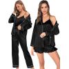 image:imageSWOMOG Womens Silk Satin Pajamas Sets 4pcs Loungewear Sexy Cami Shorts Set Button Down Long Sleeve Pjs SleepwearLong Sleeveblack