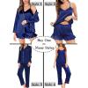 image:imageSWOMOG Womens Silk Satin Pajamas Sets 4pcs Loungewear Sexy Cami Shorts Set Button Down Long Sleeve Pjs SleepwearLong Sleevenavy Blue