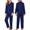 image:imageSWOMOG Womens Silk Satin Pajamas Sets 4pcs Loungewear Sexy Cami Shorts Set Button Down Long Sleeve Pjs SleepwearLong Sleevenavy Blue