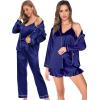 image:imageSWOMOG Womens Silk Satin Pajamas Sets 4pcs Loungewear Sexy Cami Shorts Set Button Down Long Sleeve Pjs SleepwearLong Sleevenavy Blue
