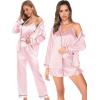 image:imageSWOMOG Womens Silk Satin Pajamas Sets 4pcs Loungewear Sexy Cami Shorts Set Button Down Long Sleeve Pjs SleepwearLong Sleevepink