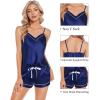 image:imageSWOMOG Womens Silk Satin Pajamas Sets 4pcs Loungewear Sexy Cami Shorts Set Button Down Long Sleeve Pjs SleepwearNavy Blue
